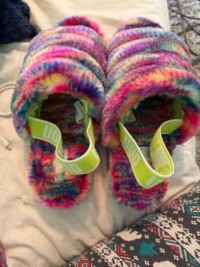 UGG Multicolor Fluff Slide Sandals with Neon Yellow Strap